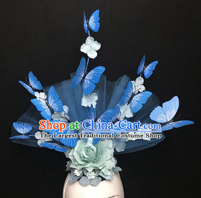 Top Halloween Catwalks Hair Accessories Stage Show Blue Butterfly Peony Headdress for Women