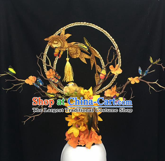 Top Halloween Giant Hair Accessories Chinese Traditional Catwalks Yellow Bird Headpiece for Women
