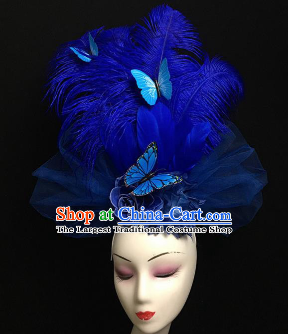 Top Halloween Catwalks Hair Accessories Stage Show Blue Feather Headdress for Women