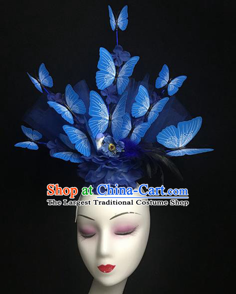 Top Halloween Catwalks Hair Accessories Stage Show Blue Butterfly Headdress for Women