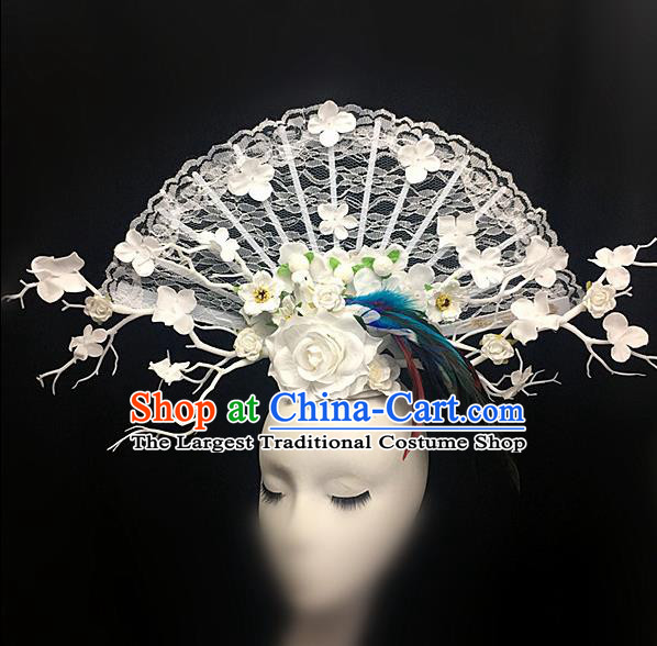 Top Halloween White Lace Peony Giant Hair Accessories Stage Show Chinese Traditional Palace Catwalks Headpiece for Women