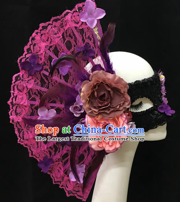 Top Halloween Accessories Brazilian Carnival Catwalks Rosy Lace Fan Face Masks for Women