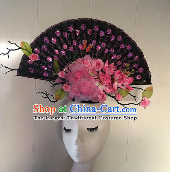 Top Halloween Pink Peony Giant Hair Accessories Stage Show Chinese Traditional Palace Catwalks Headpiece for Women