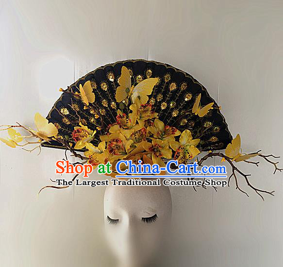 Top Halloween Yellow Butterfly Giant Hair Accessories Stage Show Chinese Traditional Palace Catwalks Headpiece for Women