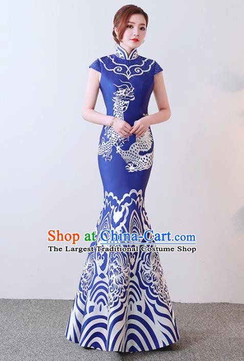Chinese Traditional Qipao Dress Elegant Compere Blue Full Dress for Women