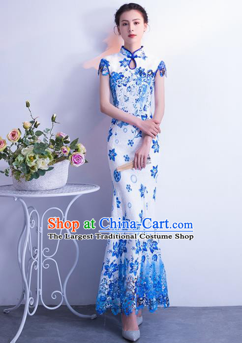 Chinese Traditional Blue Cheongsam Mermaid Qipao Dress Elegant Compere Full Dress for Women