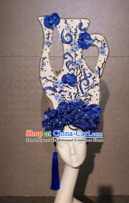 Asian Chinese Traditional Hair Accessories Catwalks Blue Flowers Headdress for Women