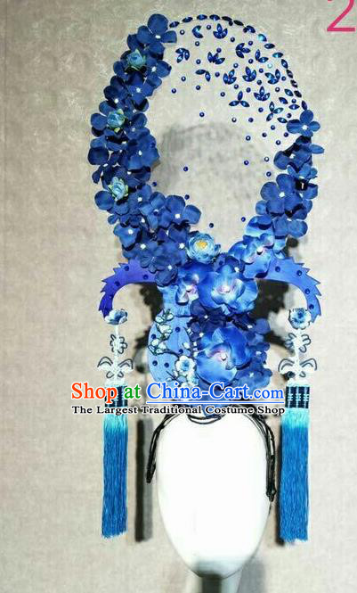 Asian Chinese Traditional Hair Accessories Catwalks Blue Tassel Flowers Headdress for Women