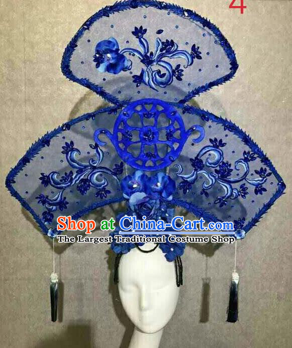 Asian Chinese Traditional Hair Accessories Catwalks Blue Embroidered Headdress for Women