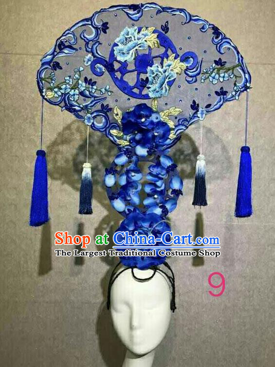 Asian Chinese Traditional Hair Accessories Catwalks Embroidered Blue Peony Headdress for Women