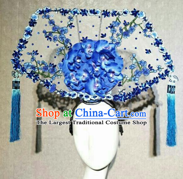 Asian Chinese Traditional Hair Accessories Catwalks Blue Embroidered Headdress for Women