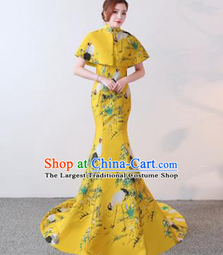 Chinese Traditional Trailing Yellow Qipao Dress Elegant Compere Full Dress for Women