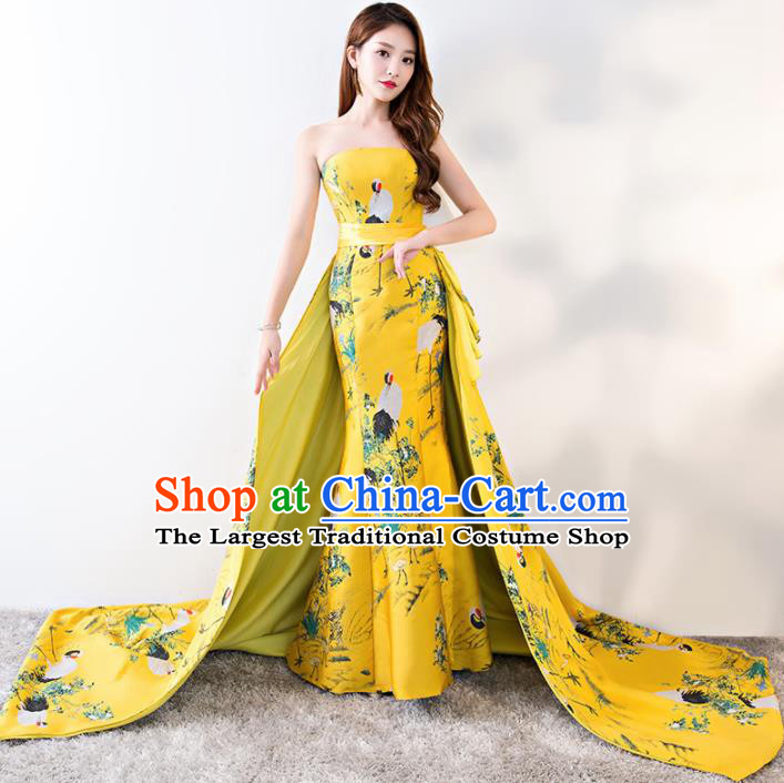 Chinese Traditional Yellow Strapless Qipao Dress Elegant Compere Full Dress for Women