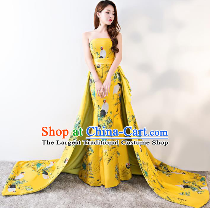 Chinese Traditional Yellow Strapless Qipao Dress Elegant Compere Full Dress for Women