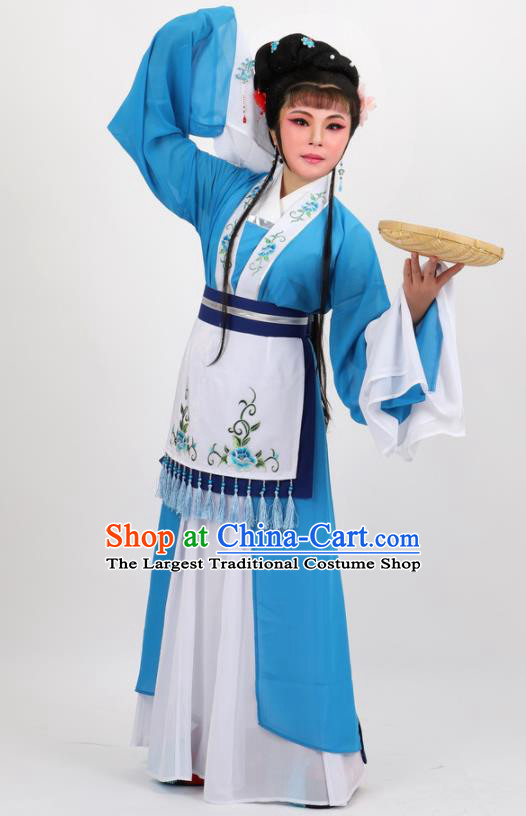 Chinese Traditional Peking Opera Maidservant Blue Dress Ancient Country Lady Costume for Women