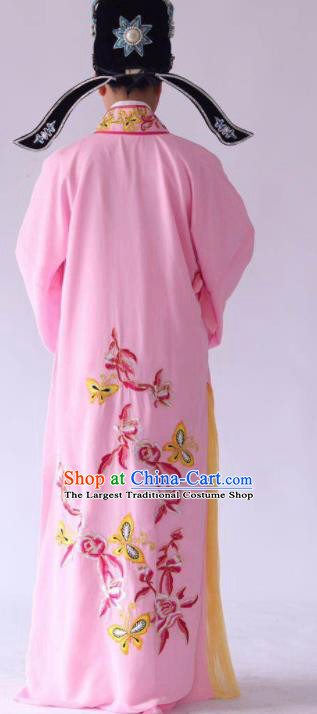 Chinese Traditional Beijing Opera Embroidered Peony Butterfly Pink Robe Ancient Scholar Costume for Men