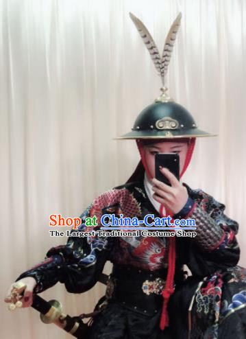 Chinese Traditional Swordsman Helmet Headwear Ancient Ming Dynasty Blades Hat for Men