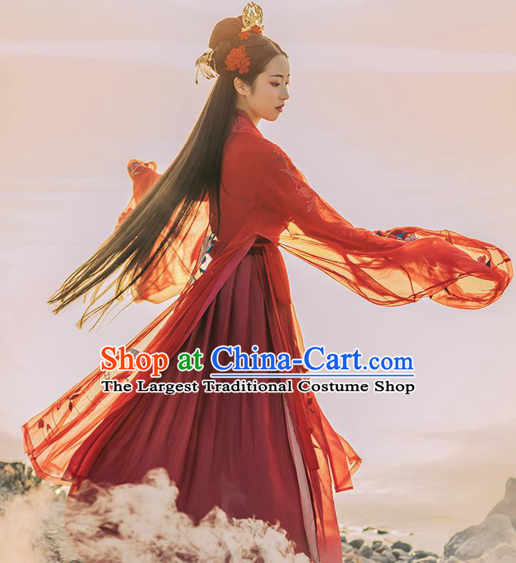 Asian Chinese Tang Dynasty Royal Princess Red Hanfu Dress Traditional Ancient Goddess Wedding Costumes for Women