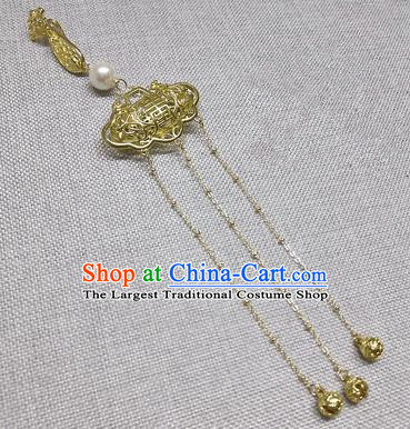 Chinese Traditional Hanfu Palace Golden Longevity Lock Tassel Brooch Accessories Ancient Qing Dynasty Queen Breastpin Pendant for Women