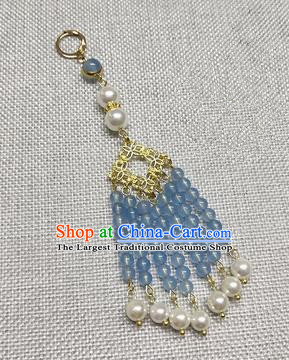 Chinese Traditional Hanfu Light Blue Beads Tassel Brooch Accessories Ancient Qing Dynasty Queen Breastpin Pendant for Women