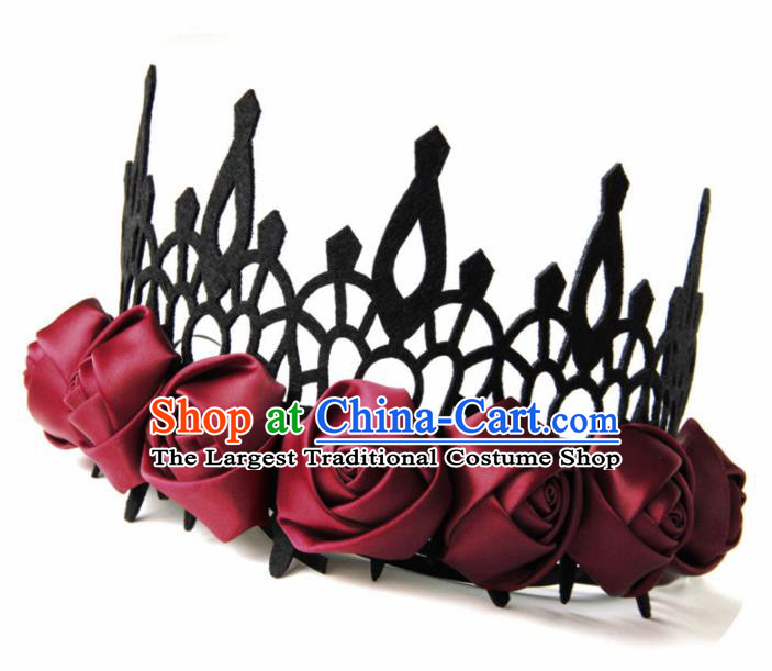 Top Grade Halloween Cosplay Gothic Red Roses Royal Crown Fancy Ball Handmade Hair Accessories for Women