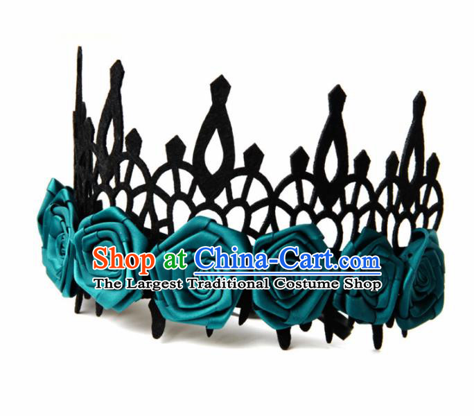 Top Grade Halloween Cosplay Gothic Green Roses Royal Crown Fancy Ball Handmade Hair Accessories for Women
