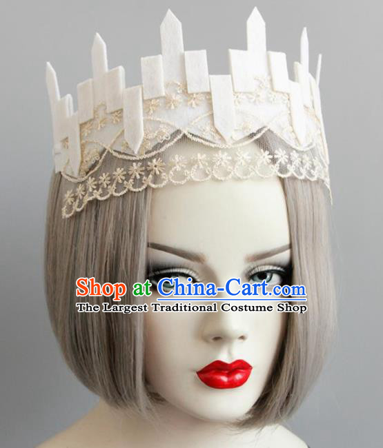 Top Grade Gothic Witch White Hair Clasp Royal Crown Halloween Cosplay Fancy Ball Handmade Hair Accessories for Women