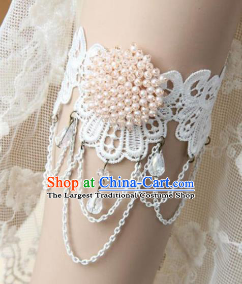 Top Grade Handmade Halloween Cosplay Gothic White Lace Armband Fancy Ball Pearls Bracelet Accessories for Women