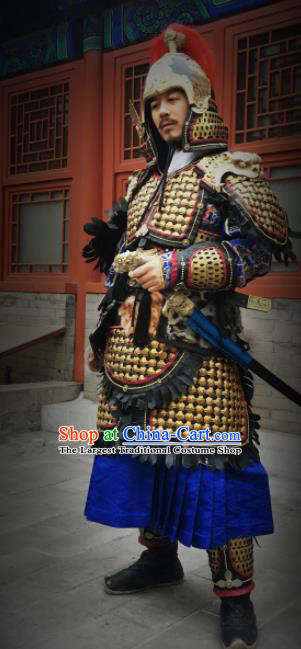 Asian Chinese Traditional Song Dynasty General Body Armor and Helmet Ancient Military Officer Costumes for Men