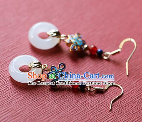 Chinese Traditional Hanfu White Jade Ring Ear Accessories Ancient Qing Dynasty Princess Earrings for Women