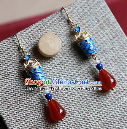 Chinese Traditional Hanfu Cloisonne Lotus Agate Ear Accessories Ancient Qing Dynasty Princess Earrings for Women