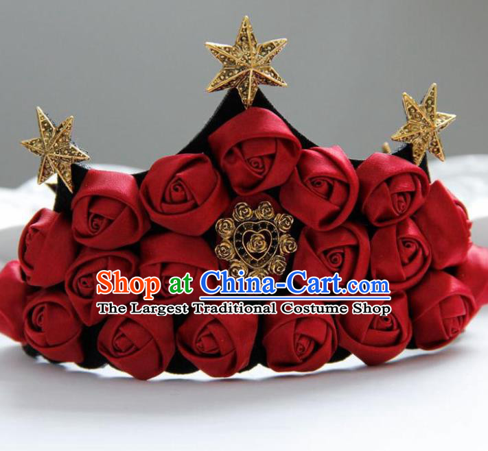 Halloween Handmade Cosplay Queen Red Silk Roses Royal Crown Fancy Ball Stage Show Headwear for Women