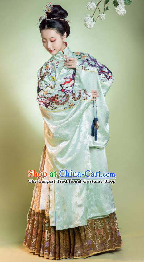 Traditional Chinese Ming Dynasty Dowager Replica Costumes Ancient Court Queen Light Green Silk Hanfu Dress for Women