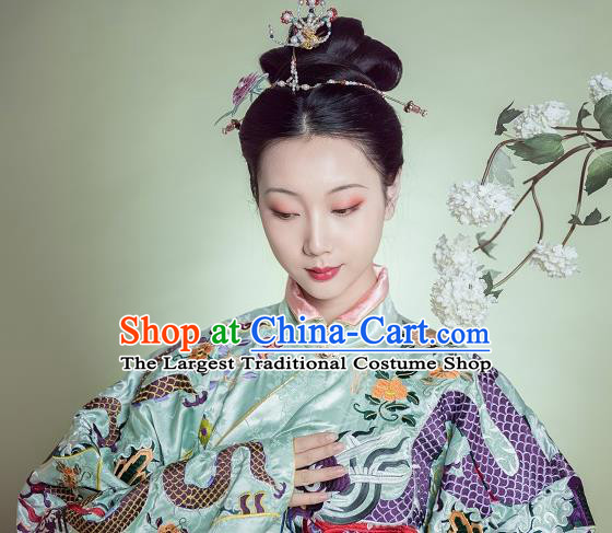Traditional Chinese Ming Dynasty Dowager Replica Costumes Ancient Court Queen Light Green Silk Hanfu Dress for Women