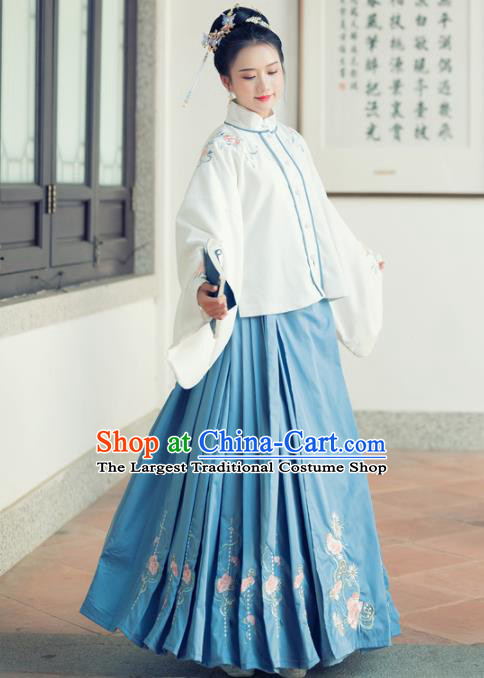 Traditional Chinese Ancient Ming Dynasty Aristocratic Rich Lady Replica Costumes White Blouse and Blue Skirt for Women