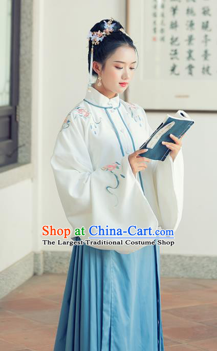 Traditional Chinese Ancient Ming Dynasty Aristocratic Rich Lady Replica Costumes White Blouse and Blue Skirt for Women