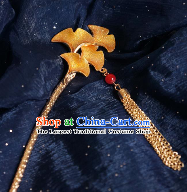 Chinese Ancient Ming Dynasty Princess Golden Ginkgo Tassel Hairpins Traditional Hanfu Court Hair Accessories for Women