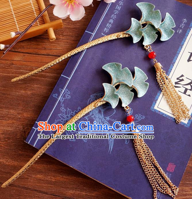 Chinese Ancient Ming Dynasty Princess Blue Ginkgo Tassel Hairpins Traditional Hanfu Court Hair Accessories for Women