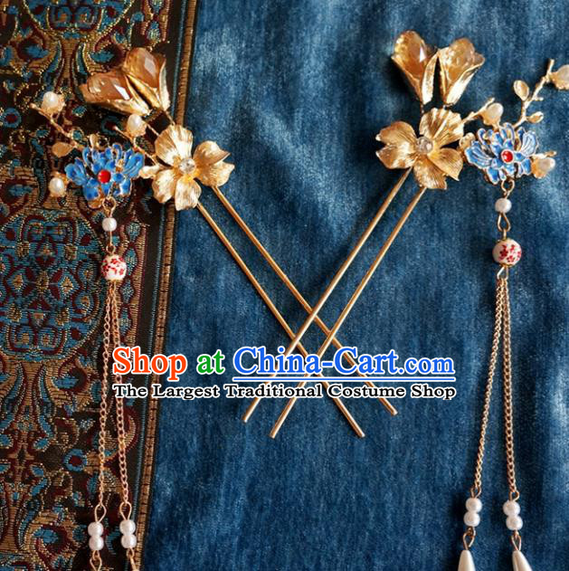 Chinese Ancient Ming Dynasty Princess Blueing Lotus Tassel Hairpins Traditional Hanfu Court Hair Accessories for Women