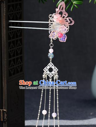 Chinese Ancient Ming Dynasty Princess Pink Butterfly Tassel Hairpins Traditional Hanfu Court Hair Accessories for Women