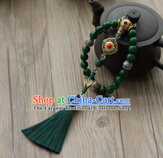 Chinese Traditional Hanfu Green Beads Tassel Brooch Pendant Ancient Cheongsam Breastpin Accessories for Women