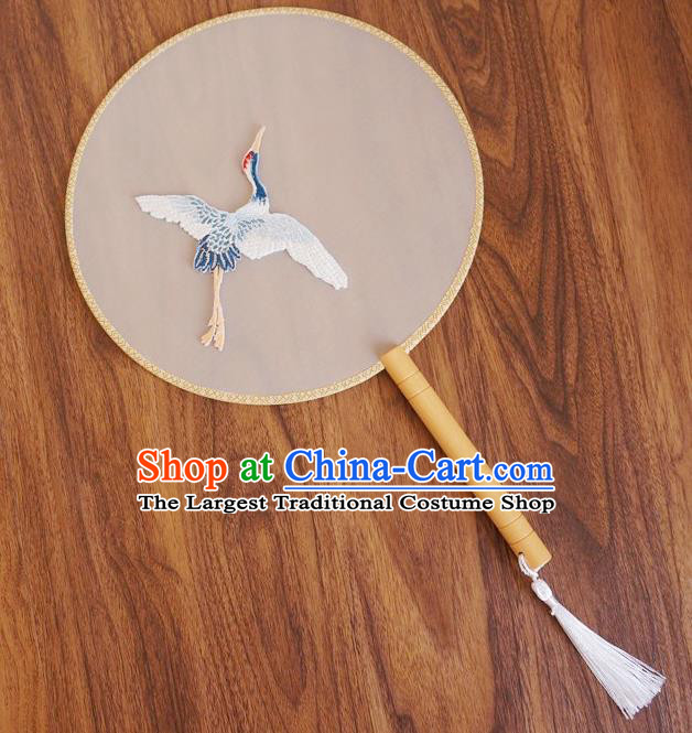 Chinese Traditional Hanfu Palace Fans Ancient Princess Embroidered Crane Silk Round Fan for Women