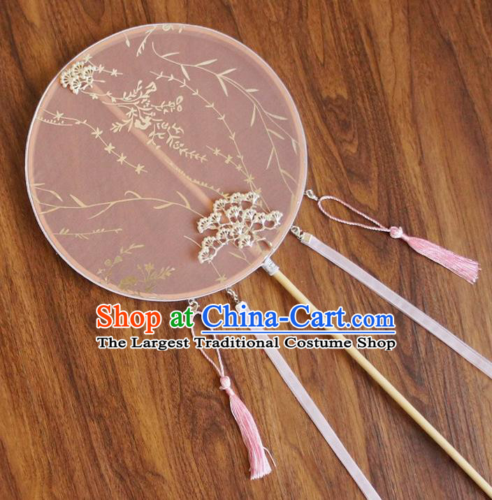 Chinese Traditional Hanfu Pine Palace Fans Ancient Princess Pink Silk Round Fan for Women