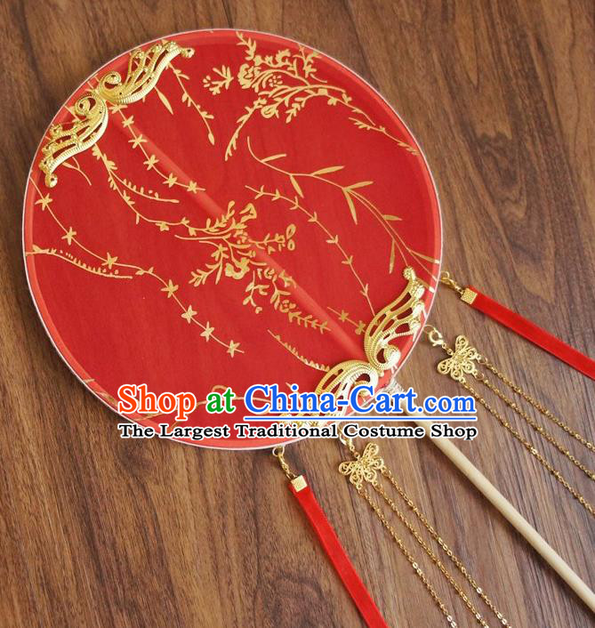 Chinese Traditional Hanfu Wedding Red Palace Fans Ancient Princess Silk Round Fan for Women