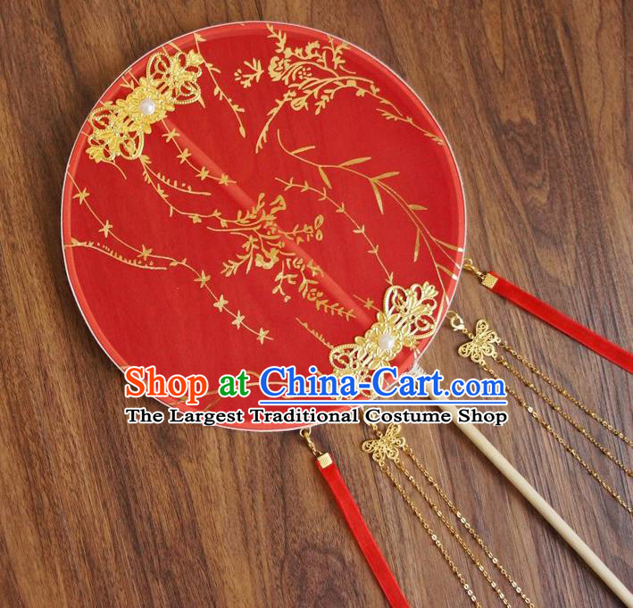 Chinese Traditional Hanfu Wedding Red Printing Palace Fans Ancient Princess Silk Round Fan for Women