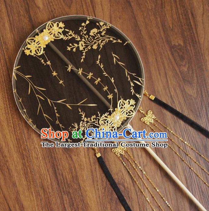 Chinese Traditional Hanfu Butterfly Tassel Black Palace Fans Ancient Princess Silk Round Fan for Women