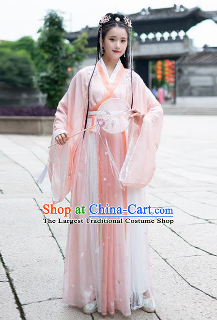 Traditional Chinese Jin Dynasty Nobility Lady Replica Costumes Ancient Royal Princess Pink Hanfu Dress for Women