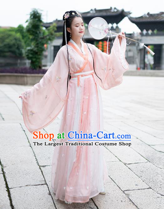 Traditional Chinese Jin Dynasty Nobility Lady Replica Costumes Ancient Royal Princess Pink Hanfu Dress for Women