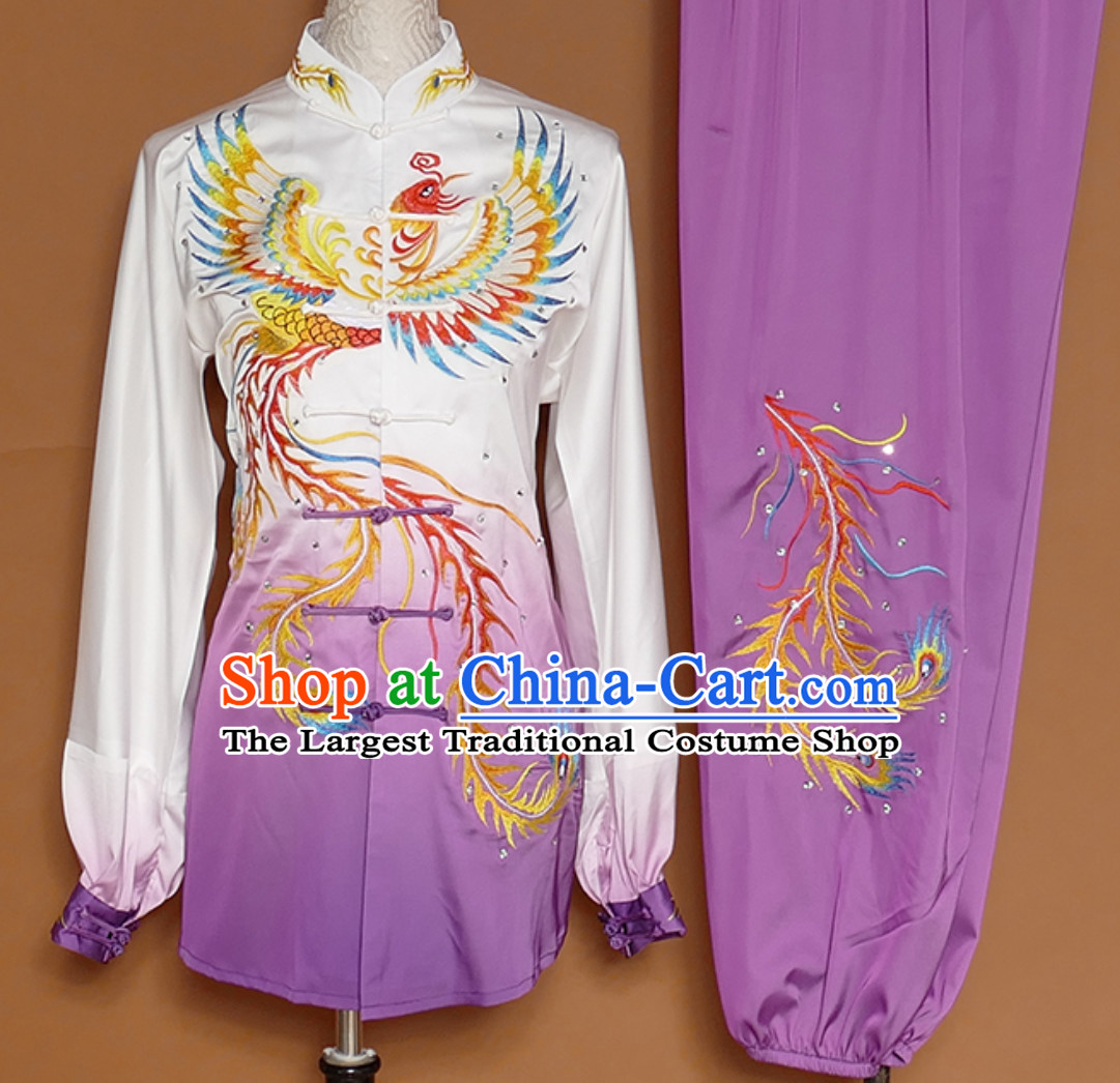 Purple Classical Giant Phoenix Embroidered Long Sleeves Martial Arts Clothing Kung Fu Dress Wushu Suits Stage Performance Championship Competition Dresses Full Set for Girls Women