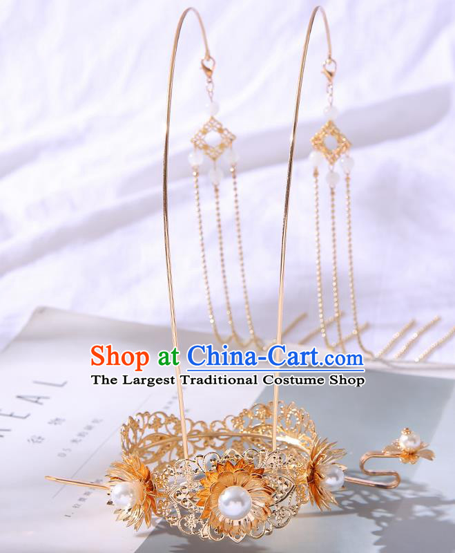Chinese Ancient Tang Dynasty Princess Golden Lotus Phoenix Coronet Hairpins Traditional Hanfu Court Hair Accessories for Women